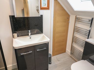 A bathroom sink with a mirror and a black backsplash next to a wooden door and a chrome towel rail at Cuckoo's Rest in Penryn