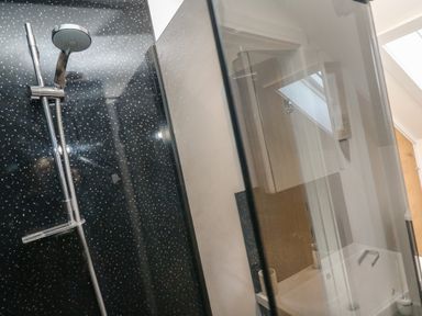 A bathroom shower with a black speckled wall and a glass partition at Cuckoo's Rest in Penryn