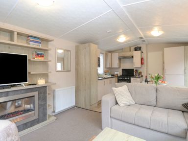 A living room with a gray sofa a fireplace and a television next to an open kitchen at No 3 Foxburrow Hang Belton