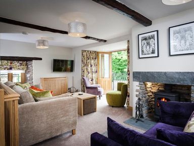 A sitting room with sofas a fireplace and wall art at The Cosy Peacock in Troutbeck
