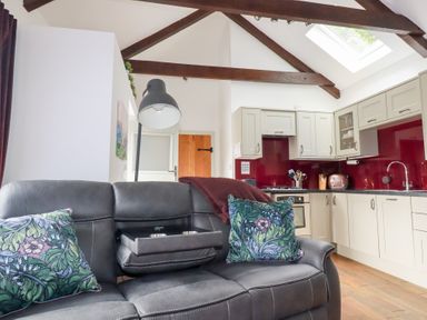 A living room and kitchen area with a gray sofa and floral cushions at The Stables in Ruthvoes near St Columb Major