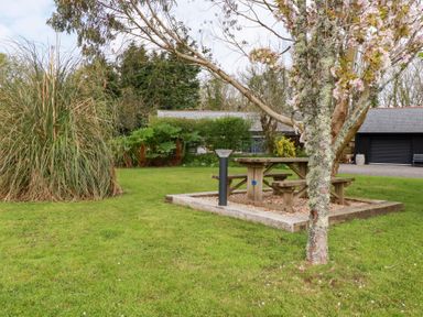 A garden area with a picnic table and benches under a tree surrounded by grass and plants at The Stables in Ruthvoes near St Columb Major