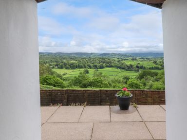 A potted plant on a tiled patio with a wooden fence and green hills in the background at Addyfield Farmhouse in Cartmel Fell near Bowland Bridge