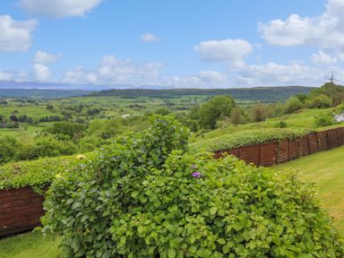 A landscape with green bushes a wooden fence and fields under a blue sky at Addyfield Farmhouse in Cartmel Fell near Bowland Bridge