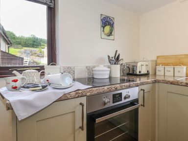 A kitchen corner with an oven stove teapot cups utensils toaster and canisters at Addylea Cottage in Cartmel Fell near Windermere