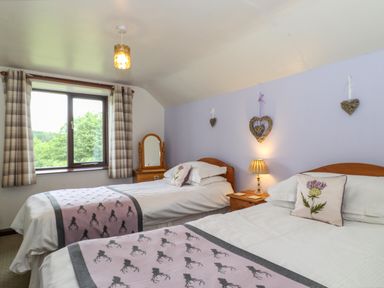 A bedroom with two single beds a window and a bedside table with a lamp at Addylea Cottage in Cartmel Fell near Windermere