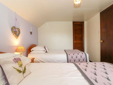 A bedroom with two single beds side by side with white bedding and deer patterned blankets at Addylea Cottage in Cartmel Fell near Windermere