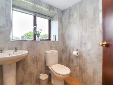 A bathroom with a sink a toilet a small trash can a window with flowers on the sill and a toilet paper holder at Addylea Cottage in Cartmel Fell near Windermere
