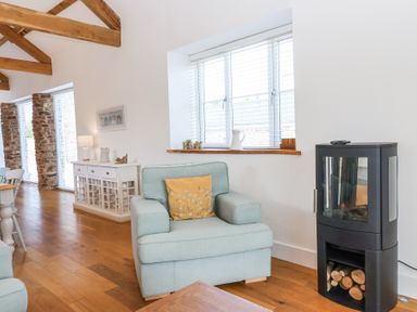 A living room with a light blue armchair with a yellow pillow next to a black wood stove and a white sideboard near windows at Old Orchard Barn St Mellion near St Dominick