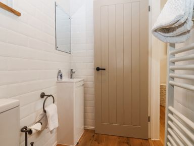 A small bathroom with a toilet sink mirror towel rack and wooden door at Old Orchard Barn St Mellion near St Dominick