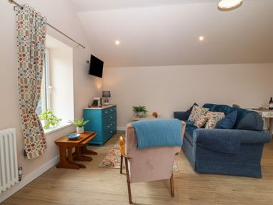 A living room with a blue sofa, patterned cushions, small tables, a blue cabinet, and a wall-mounted television at Y Felin in Caernarfon