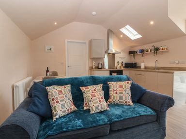 A kitchen and living room area with a blue sofa and patterned cushions at Y Felin in Caernarfon