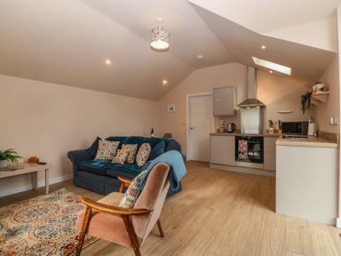 A living area with a blue sofa and wooden armchair next to a kitchen with an oven and microwave at Y Felin in Caernarfon
