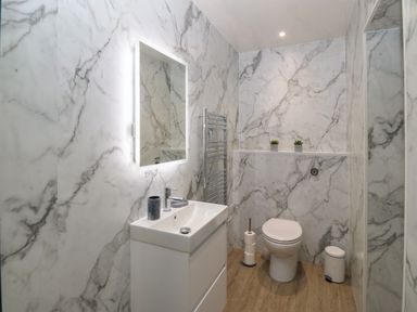A bathroom with a white sink, illuminated mirror, toilet, toilet paper holder, small plants, and wood floor at Y Felin in Caernarfon