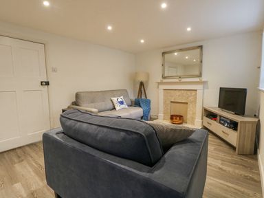 A living room with two sofas a fireplace a TV on a stand and a lamp at Half Pint Cottage in Beaminster
