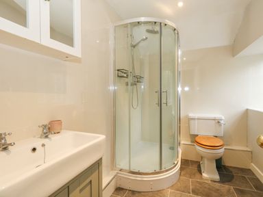 A bathroom with a glass shower enclosure a white toilet with a wooden seat and a sink with taps at Half Pint Cottage in Beaminster