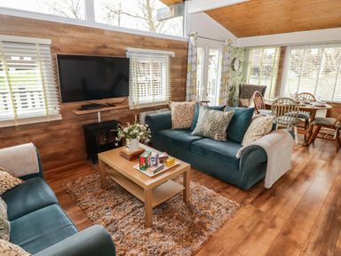 A living room with two blue sofas a coffee table with flowers and snacks a television on a wooden wall and a dining table with chairs at The Bird House in Cenarth