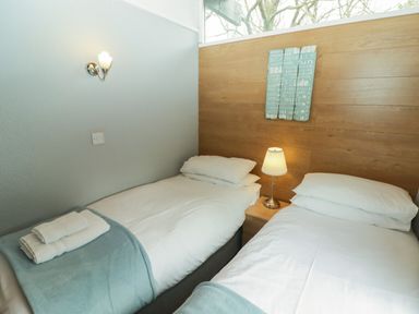A bedroom with two single beds a wooden headboard bedside table and lamp at The Bird House in Cenarth