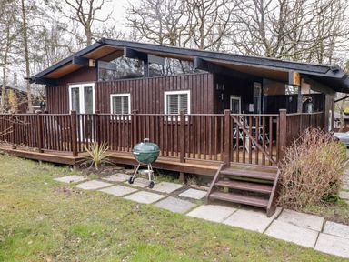 A wooden cabin with a deck and barbecue grill in a garden at The Bird House in Cenarth