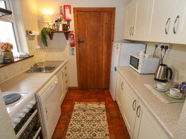 A narrow kitchen with a stove dishwasher sink microwave kettle cups and a wooden door at Aggrafard in Oughterard County Galway