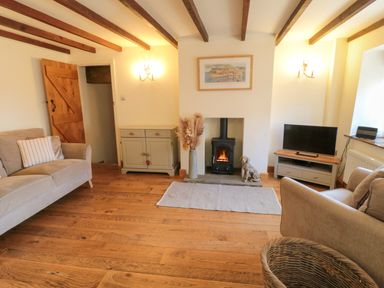 A living room with two sofas a wood stove on a rug a television on a stand and wooden beams on the ceiling at Tillers Cottage in Ebberston