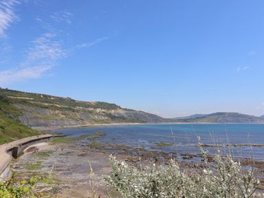 A coastal landscape with a rocky beach and cliffs under a blue sky at 16 Church Street in Lyme Regis