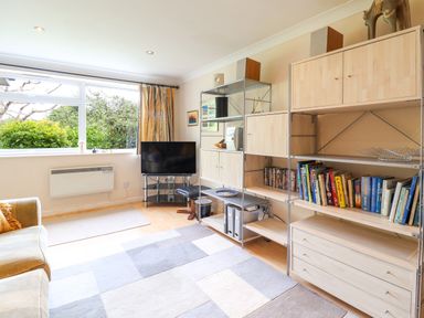 A living room with a sofa a television on a stand and shelving with books and cabinets at 50 Fernhill Heights in Charmouth
