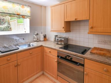 A kitchen with wooden cabinets a sink a stovetop an oven and a window with a patterned curtain at 50 Fernhill Heights in Charmouth