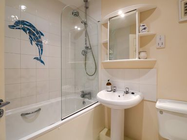 A bathroom with a bathtub shower combination a pedestal sink a toilet and a mirror cabinet at 50 Fernhill Heights Charmouth