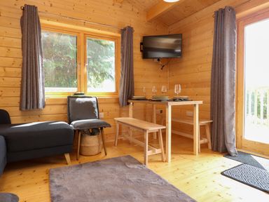 A wooden room with a dining table set with plates and wine glasses a wall-mounted TV a gray sofa a chair and windows with gray curtains at Northwood Lodge in Llanbedrog
