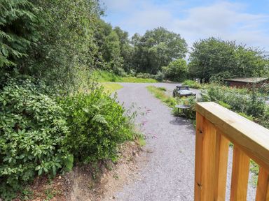 A gravel driveway surrounded by trees and shrubs with a parked car and a small round table near a wooden railing at Northwood Lodge in Llanbedrog