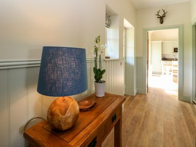 A hallway with a wooden table holding a lamp and a potted orchid with a doorway leading to a kitchen at Bramble Cottage Wester Essendy near Dunkeld