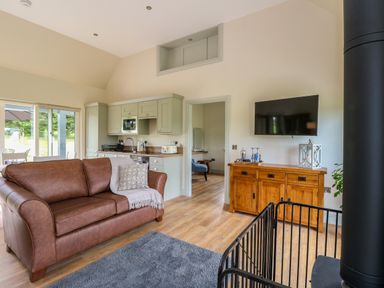 A living room with a brown leather sofa a kitchen area with cabinets and appliances a wooden sideboard with a mounted television and a fireplace guard at Bramble Cottage Wester Essendy near Dunkeld