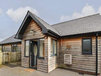 A wooden cabin with a black door and windows and a small fenced area at Caban Dulas in Rhayader
