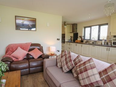 A living room with brown leather sofa and beige sofa with cushions next to a kitchen at Caban Dulas in Rhayader