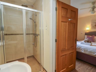 A shower with glass doors and a wooden door open to a bedroom with a bed and ceiling fan at Caban Dulas in Rhayader