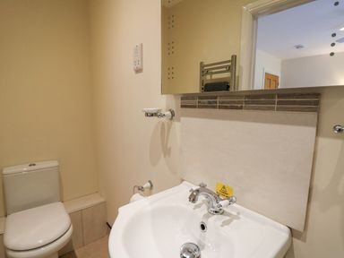 A bathroom with a toilet and a sink with a mirror above at Caban Dulas in Rhayader