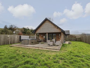 A wooden cabin with a patio dining set and hot tub in a fenced grassy yard at Caban Dulas in Rhayader