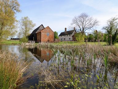 A countryside scene with a pond in the foreground reeds and grasses and a farmhouse with adjacent barn and trees at Brook Farm in St Nicholas near Halesworth