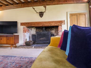 A living room with a yellow sofa with multicolored cushions a fireplace with a wooden mantle a television on a wooden stand and a wooden door at Brook Farm in St Nicholas near Halesworth