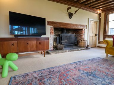 A living room with a television on a wooden cabinet a fireplace with firewood a green dog-shaped toy and a patterned rug at Brook Farm in St Nicholas near Halesworth