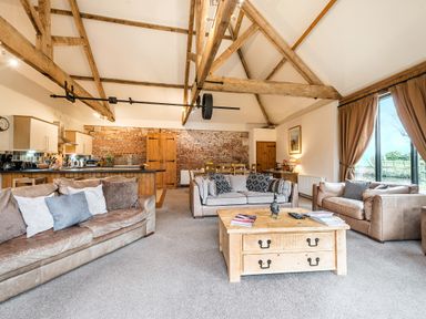 An open-plan living room with sofas a wooden coffee table a kitchen with appliances and a dining area at Mallard in Wheatacre