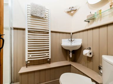 A bathroom with a wall-mounted sink a white towel rack a toilet and a glass shelf at Mallard in Wheatacre
