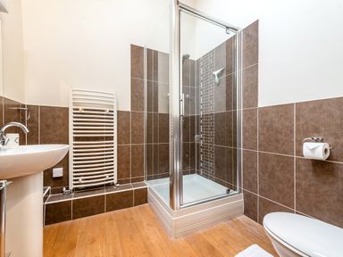 A bathroom with a shower enclosure pedestal sink toilet and heated towel rail at Mallard in Wheatacre