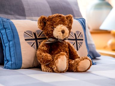 A teddy bear sitting on a bed with a pillow featuring heart designs at Mallard in Wheatacre