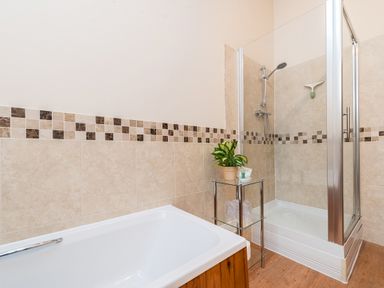 A bathroom with a bathtub a glass shower enclosure a small glass shelf with a potted plant and toiletries at Mallard in Wheatacre