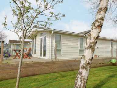 A mobile home with a wooden deck and outdoor furniture near two trees on a grass lawn at Plot 32 in High Hesket near Armathwaite
