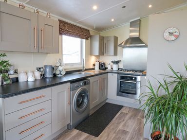 A kitchen with grey cabinets a washing machine a gas oven a stainless steel hood and a plant in a pot at Plot 32 High Hesket near Armathwaite
