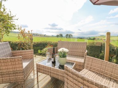 An outdoor patio with wicker chairs and a table with flowers and wine glasses overlooking green fields at Plot 32 High Hesket near Armathwaite