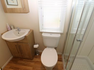A bathroom with a sink, toilet, and shower at Plot 32 High Hesket near Armathwaite